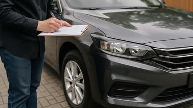 Especialista realizando checklist de inspeção em veículo cinza, focando em como vender carro usado com documentação e estado de conservação validados.