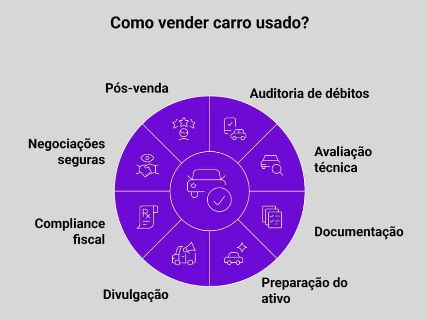 Infográfico circular detalhando o passo a passo de como vender carro usado, incluindo auditoria de débitos, compliance fiscal e pós-venda.