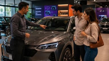 Vendedor automotivo apresenta SUV moderno para casal em concessionária premium brasileira, destacando acessórios e opcionais em abordagem consultiva focada em personalização e experiência do cliente.