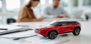 uma land rover em miniatura em cima da mesa e um casal atrás destacado