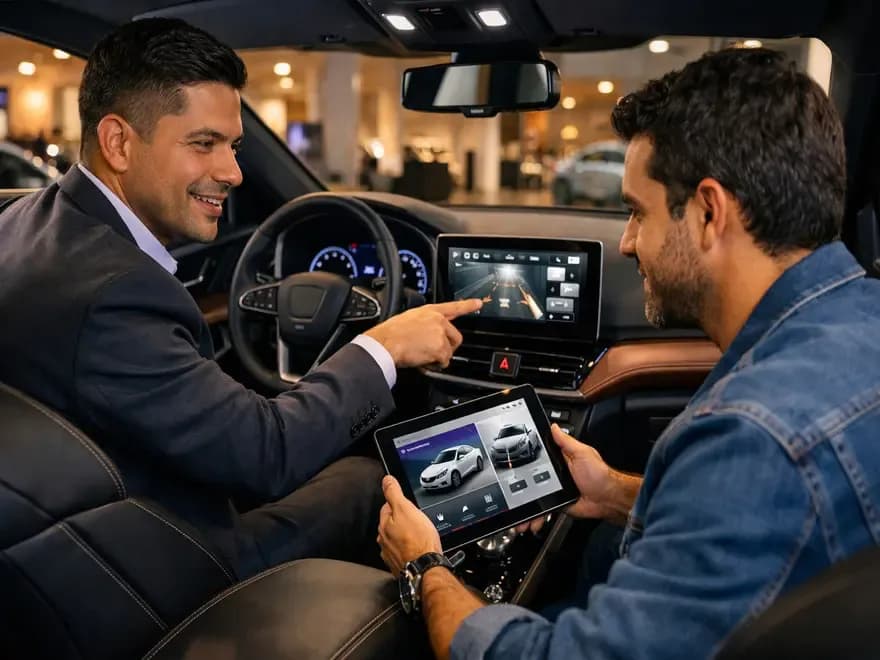 Vendedor demonstra central multimídia e câmera 360° para cliente dentro de carro moderno em showroom, reforçando estratégia de upsell automotivo e tecnologia embarcada.