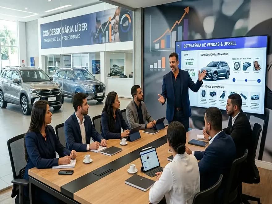 Equipe comercial participa de treinamento estratégico sobre upsell automotivo em concessionária moderna, com painel de métricas, acessórios e técnicas de aumento de ticket médio.